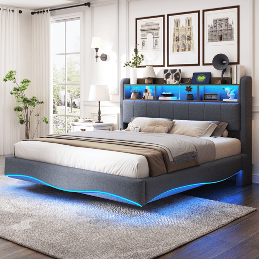 Cama de adulto 160x200 cm em tecido de linho - cabeceira com arrumação com LED e fichas - Cinzento
