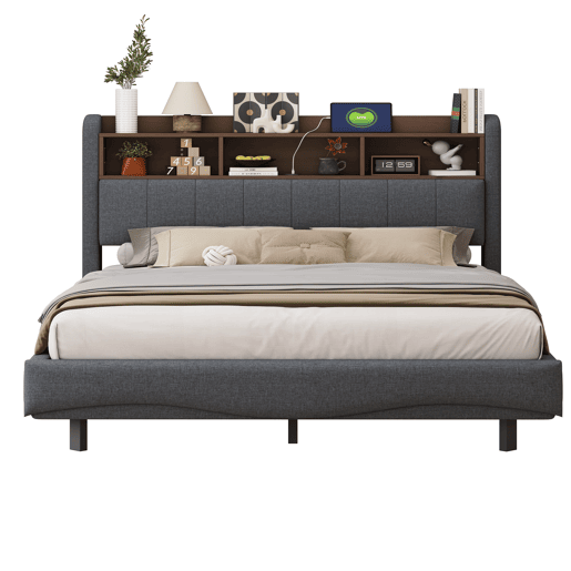 Cama de adulto 160x200 cm em tecido de linho - cabeceira com arrumação com LED e fichas - Cinzento