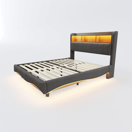Cama de adulto 160x200 cm em tecido de linho - cabeceira com arrumação com LED e fichas - Cinzento