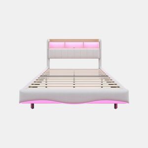 Cama de adulto 160x200 cm em tecido de linho - cabeceira com arrumação com LED e tomadas - Bege