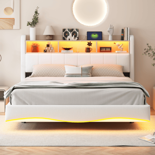 Cama de adulto 160x200 cm em tecido de linho - cabeceira com arrumação com LED e tomadas - Bege