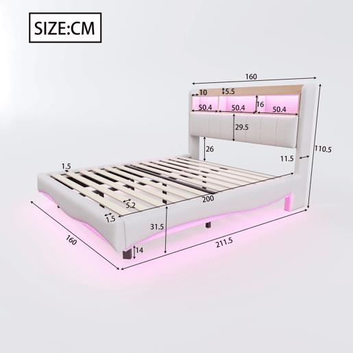 Cama de adulto 160x200 cm em tecido de linho - cabeceira com arrumação com LED e tomadas - Bege