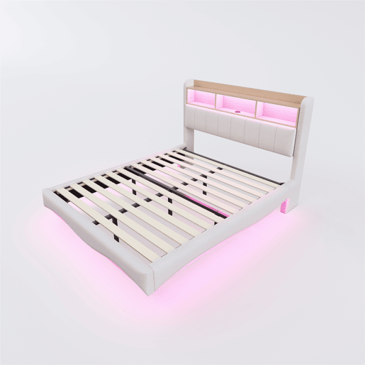 Cama de adulto 160x200 cm em tecido de linho - cabeceira com arrumação com LED e tomadas - Bege
