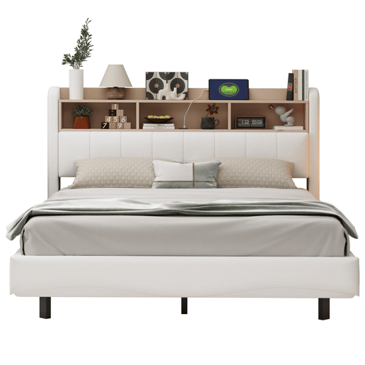 Cama de adulto 160x200 cm em tecido de linho - cabeceira com arrumação com LED e tomadas - Bege