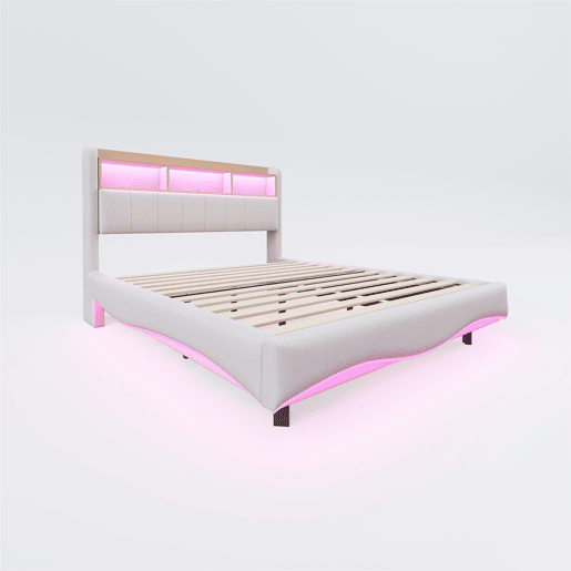 Cama de adulto 160x200 cm em tecido de linho - cabeceira com arrumação com LED e tomadas - Bege