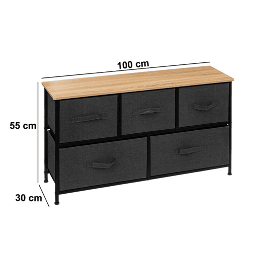 Cômoda baixa Tissa com 5 gavetas em carvalho claro e aço cinza escuro 100x55 cm