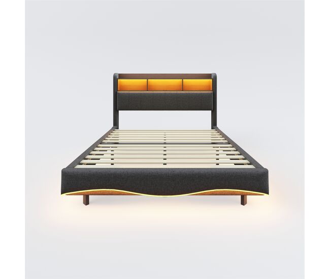 Cama de adulto 140x200 cm en tejido de lino - cabecero con almacenaje con led y enchufes - gris
