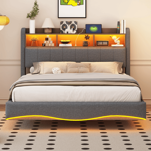 Cama de adulto 140x200 cm em tecido de linho - cabeceira com arrumação com LED e fichas - Cinzento