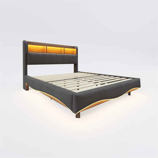 Cama de adulto 140x200 cm em tecido de linho - cabeceira com arrumação com LED e fichas - Cinzento