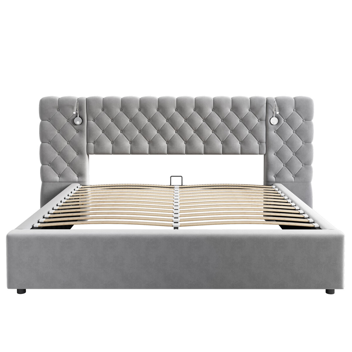 Cama contenedor tapizada 180x200 cm en terciopelo - con lámpara de lectura y somier - gris