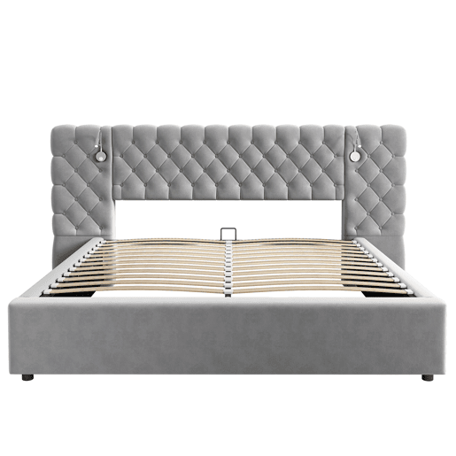 Cama contentora estofada 180x200 cm em veludo - com candeeiro de leitura e estrado - Cinzento