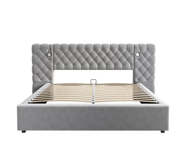Cama contenedor tapizada 180x200 cm en terciopelo - con lámpara de lectura y somier - gris