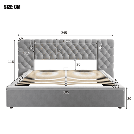 Cama contentora estofada 180x200 cm em veludo - com candeeiro de leitura e estrado - Cinzento