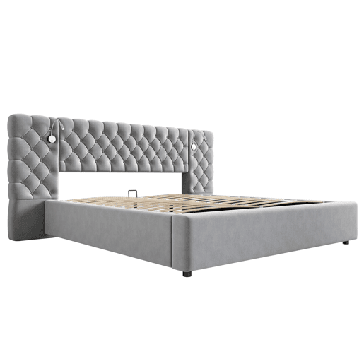 Cama contentora estofada 180x200 cm em veludo - com candeeiro de leitura e estrado - Cinzento