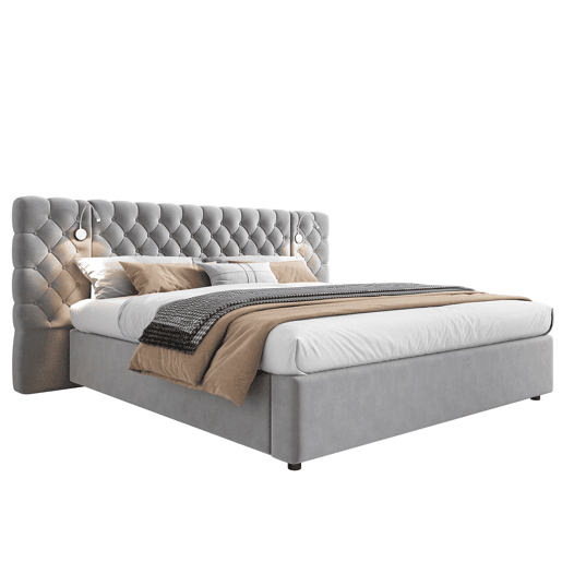 Cama contentora estofada 180x200 cm em veludo - com candeeiro de leitura e estrado - Cinzento