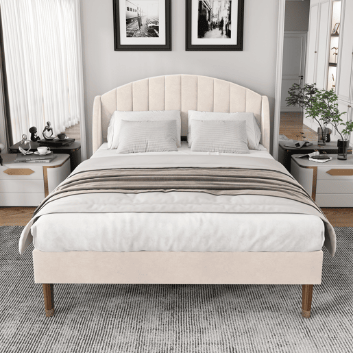 Cama estofada 160x200cm em veludo com estrado de ripas - Bege