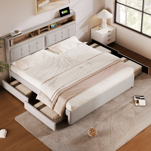 Cama de adulto estofada com 4 gavetas e porta de carregamento USB - 140x200cm - Tecido de linho - Bege