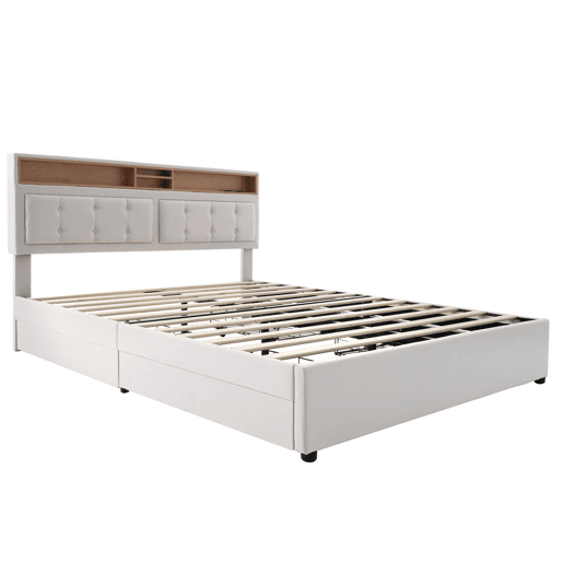 Cama de adulto estofada com 4 gavetas e porta de carregamento USB - 140x200cm - Tecido de linho - Bege