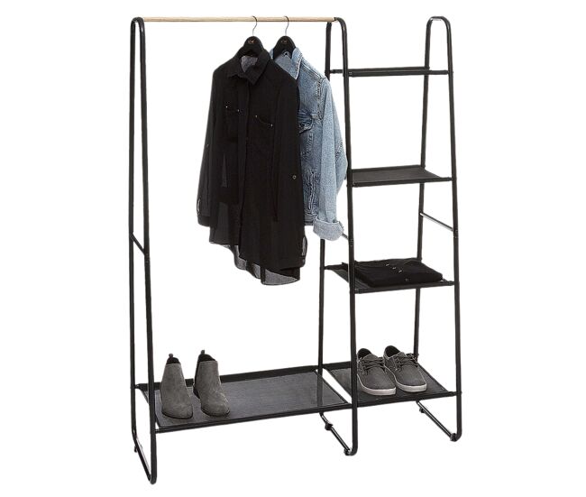 Burro de ropa 1 barra 4 estantes metal color negro 150x102 cm