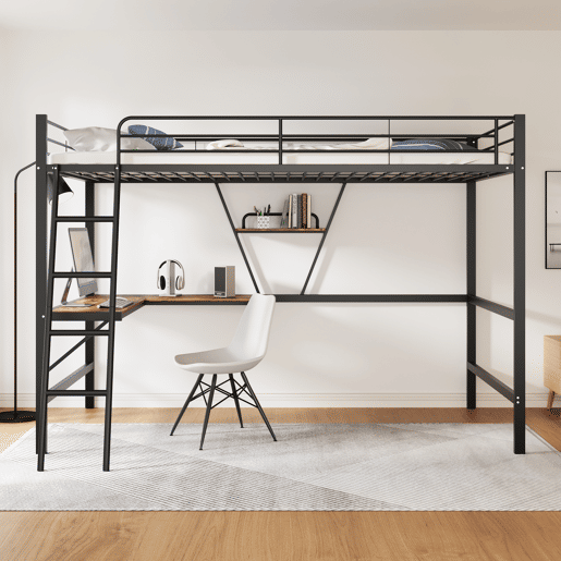 Cama mezzanine em ferro - 90x200 cm - com secretária de canto e prateleira - Preto