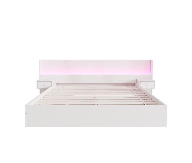 Cama contenedor para adultos 180x200 cm en madera - con enchufes usb y led - 2 mesitas de noche y 2 cajones - blanco