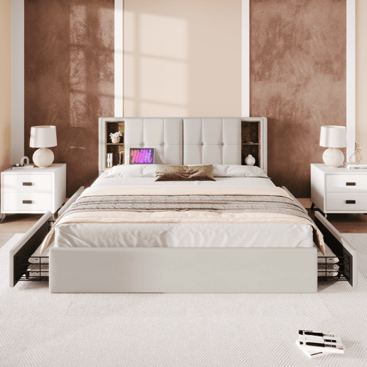 Cama estofada em veludo com gavetas 160x200cm - com carregamento sem fios e estrado de ripas - Bege