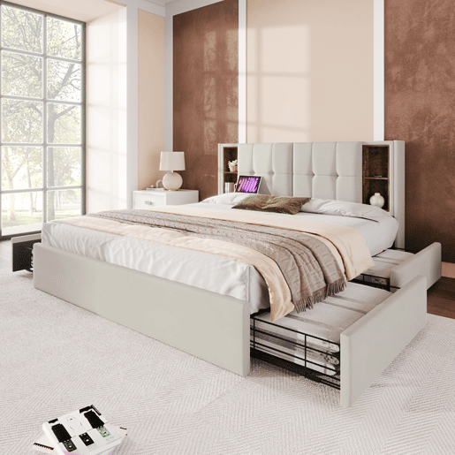 Cama estofada em veludo com gavetas 160x200cm - com carregamento sem fios e estrado de ripas - Bege