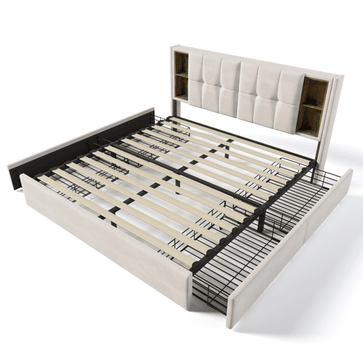 Cama estofada em veludo com gavetas 160x200cm - com carregamento sem fios e estrado de ripas - Bege