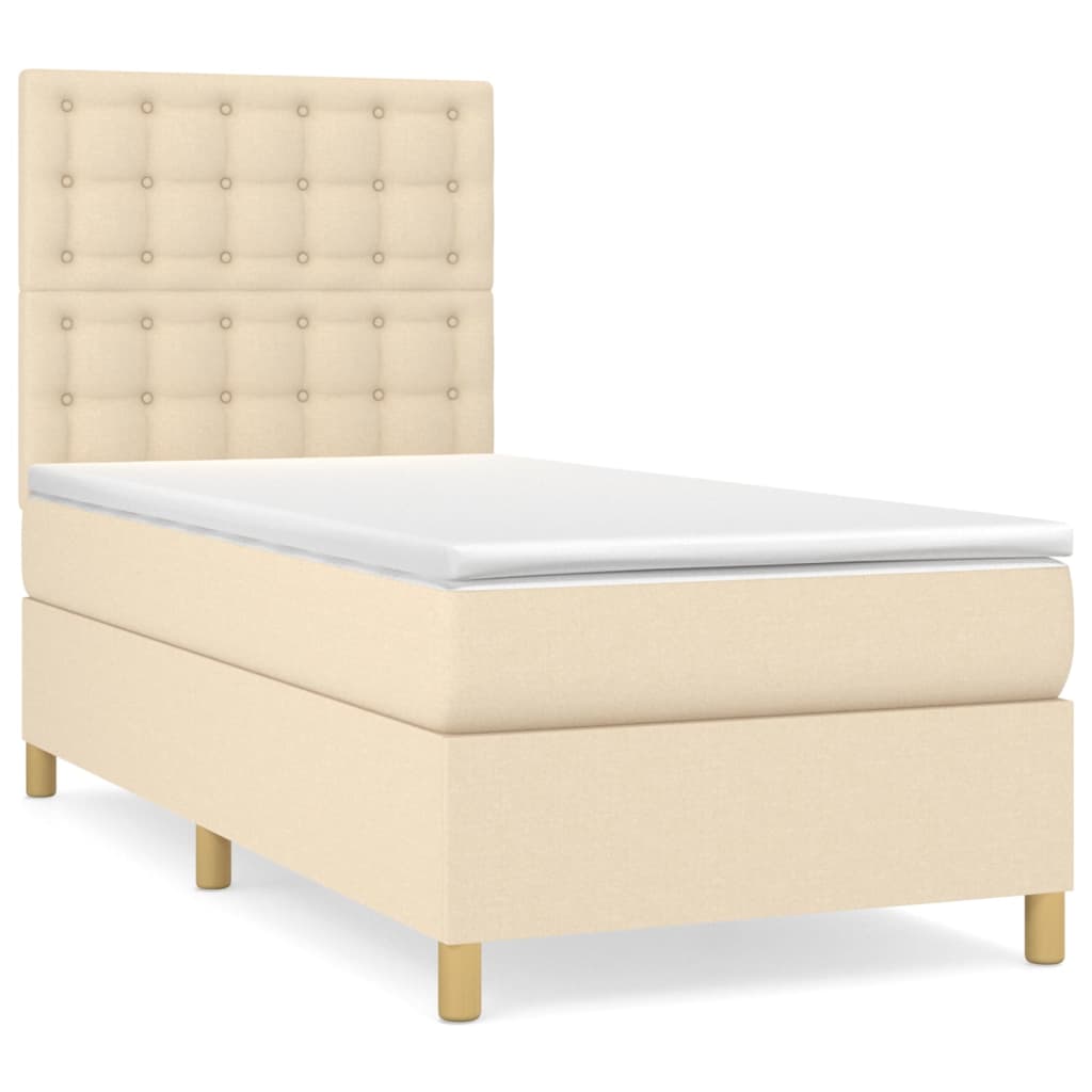 Cama box spring con colchón tela color crema 100x200 cm botones