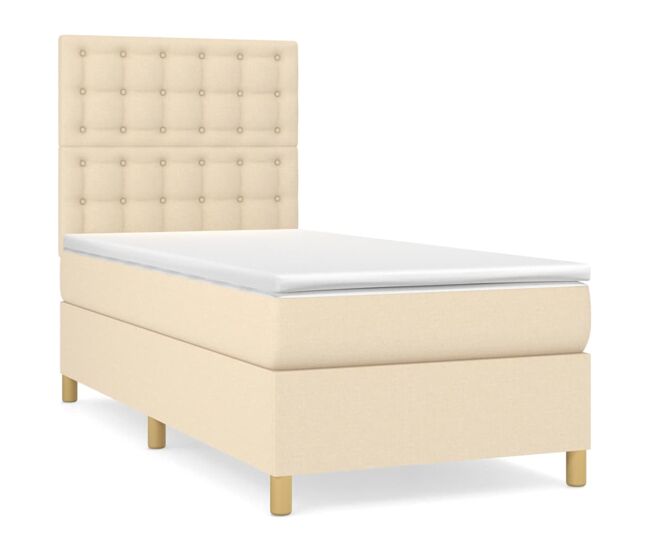 Cama box spring con colchón tela color crema 100x200 cm botones