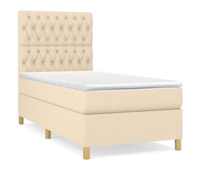 Cama box spring con colchón tela color crema 100x200 cm diseño de botones