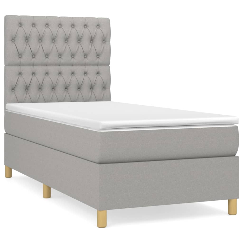 Cama box spring con colchón tela gris claro 90x200 cm diseño de botones