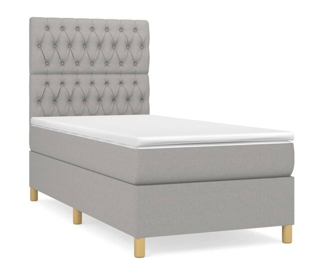 Cama box spring con colchón tela gris claro 90x200 cm diseño de botones