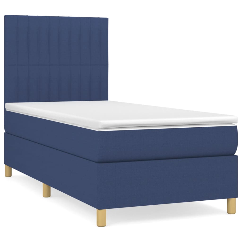 Cama box spring con colchón tela azul 90x200 cm rayas verticales