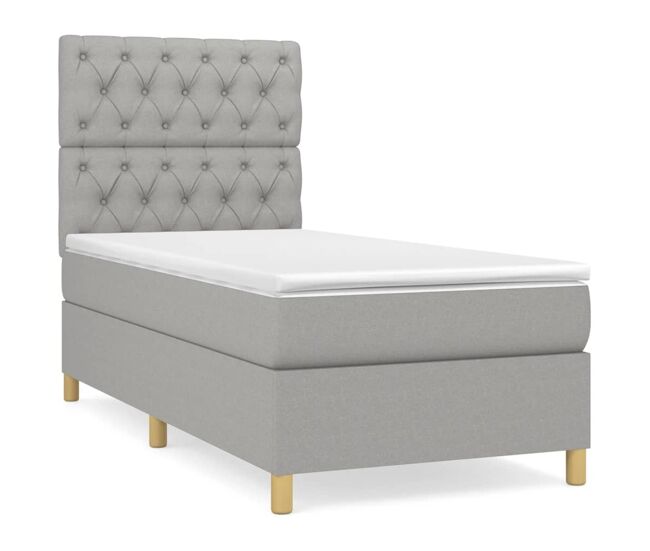 Cama box spring con colchón tela gris claro 80x200 cm diseño de botones