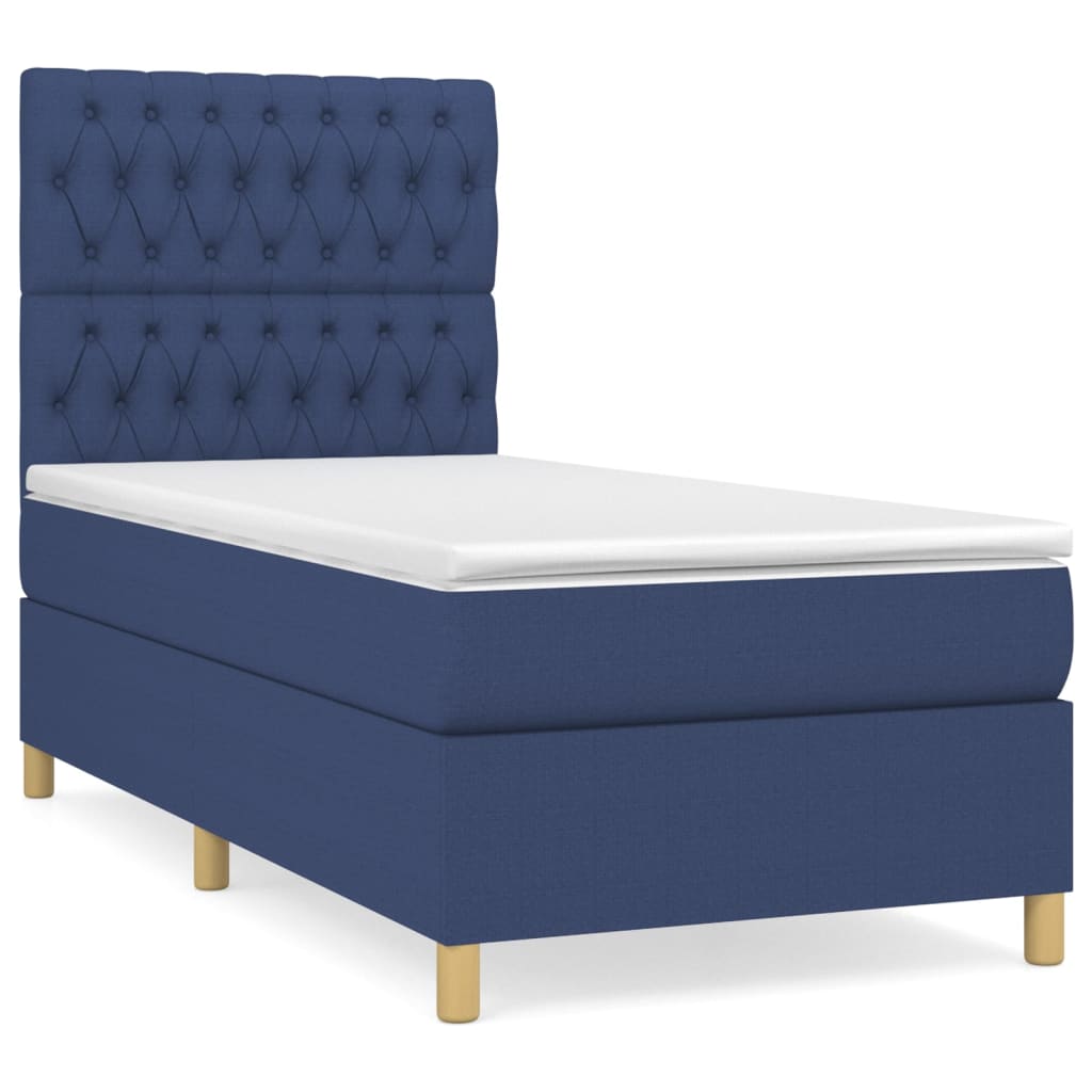 Cama box spring con colchón tela azul 90x200 cm diseño de botones
