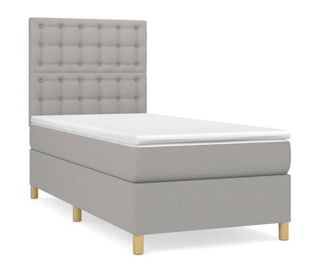 Cama box spring con colchón tela gris claro 100x200 cm botones