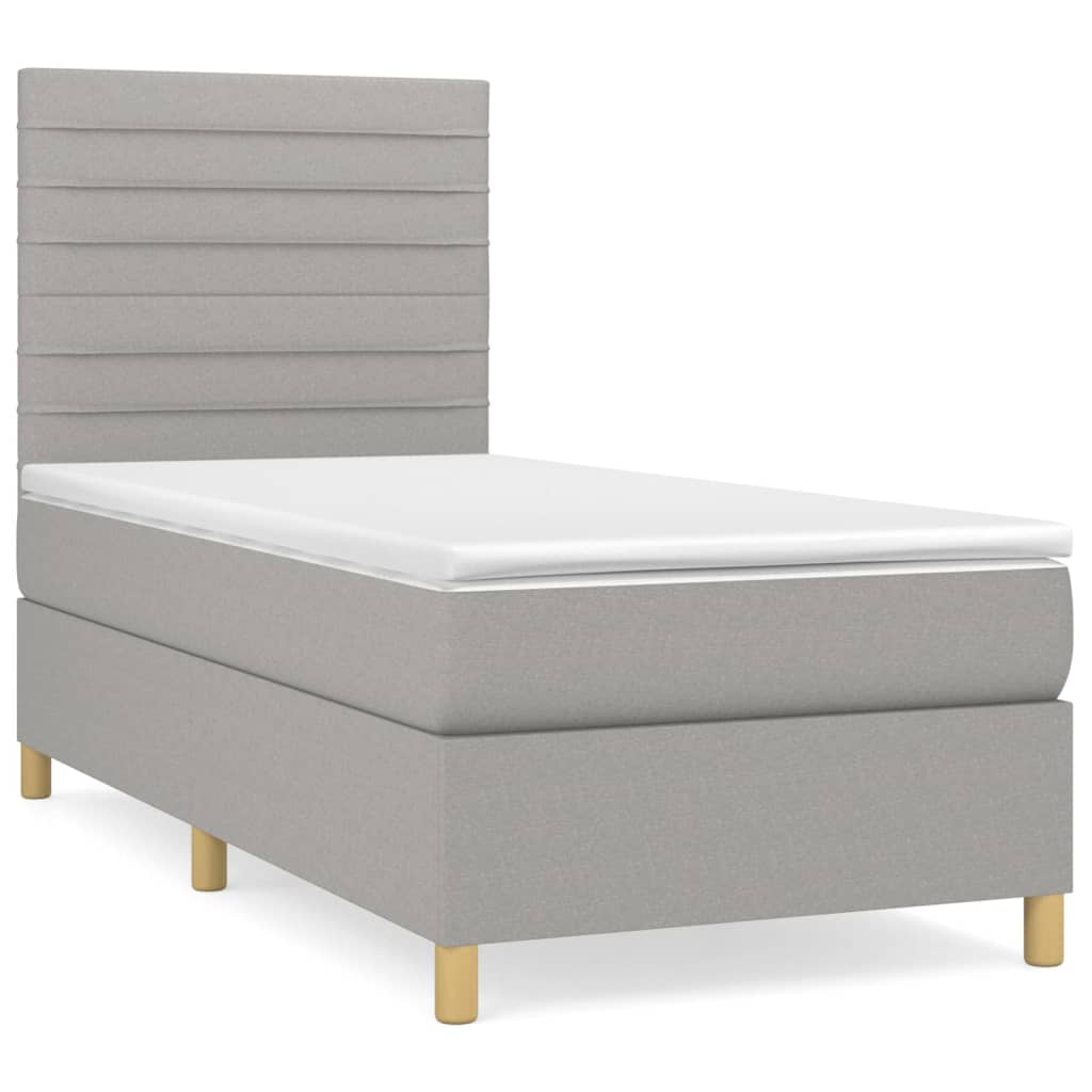 Cama box spring con colchón tela gris claro 90x190 cm rayas horizontales