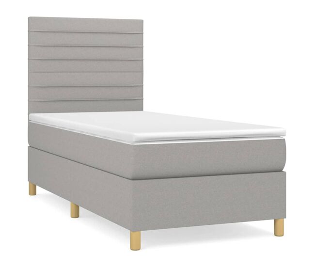 Cama box spring con colchón tela gris claro 90x190 cm rayas horizontales