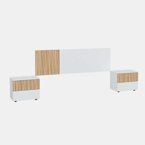 Pacote de móveis de quarto estilo nórdico Etnha em branco Artik e Natur com cabeceira, 2 mesas laterais, cama e cômoda
