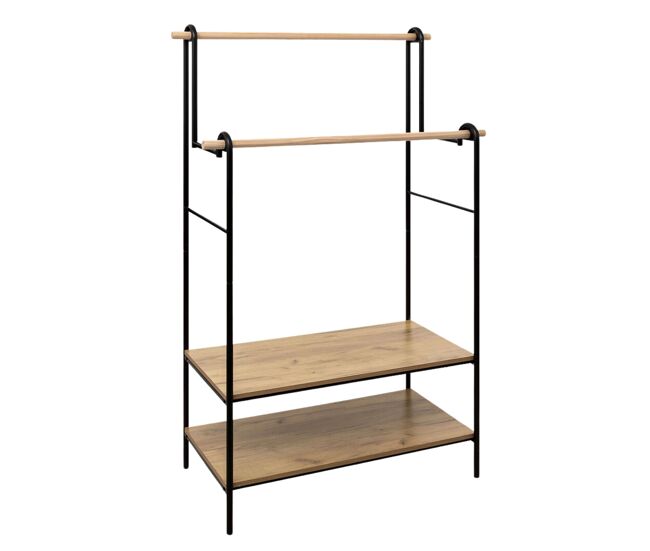 Burro de ropa doble 2 estantes y 2 barras colgadoras madera y metal negro y roble claro 96x164 cm