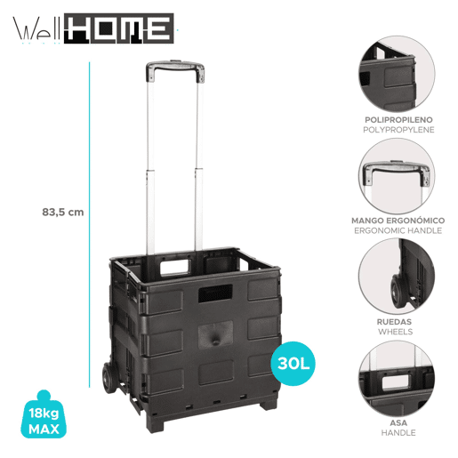 WellHome - Carrinho de Alumínio com Caixa Dobrável Preto