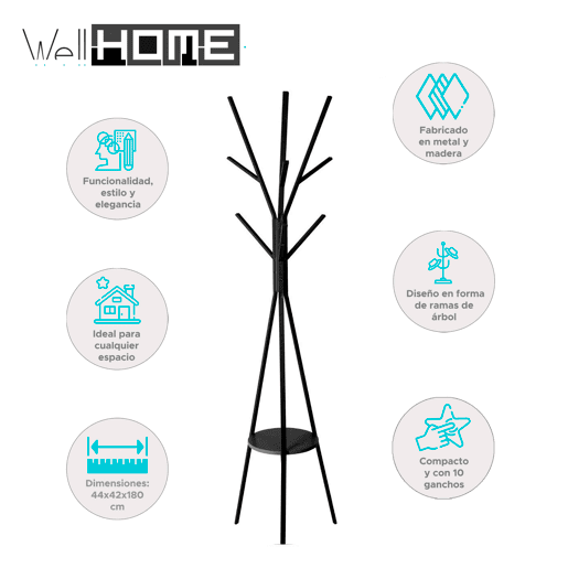 WellHome - Cabide de madeira e metal MDF preto Alt.180cm