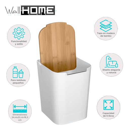 Lixeira de banheiro WellHome com tampa de bambu 'Baltik' 5L branco