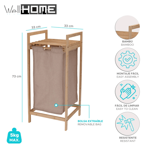 WellHome - Cesto de roupa suja em bambu com prateleira 33x33x73cm