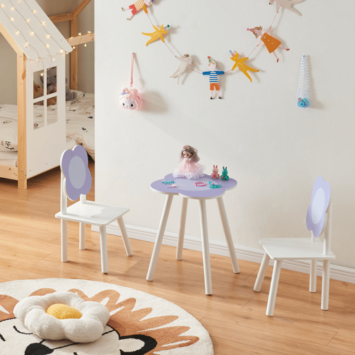 Conjunto de mesa e 2 cadeiras para crianças Simrishamn, design floral - BrancoLilás en.casa