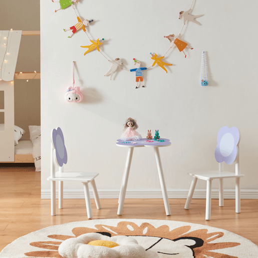 Conjunto de mesa e 2 cadeiras para crianças Simrishamn, design floral - BrancoLilás en.casa