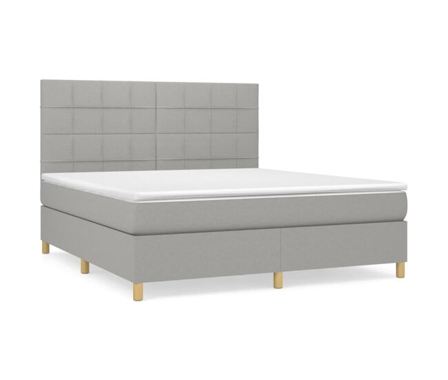 Cama box spring con colchón tela gris claro 180x200 cm bloques con cuadros