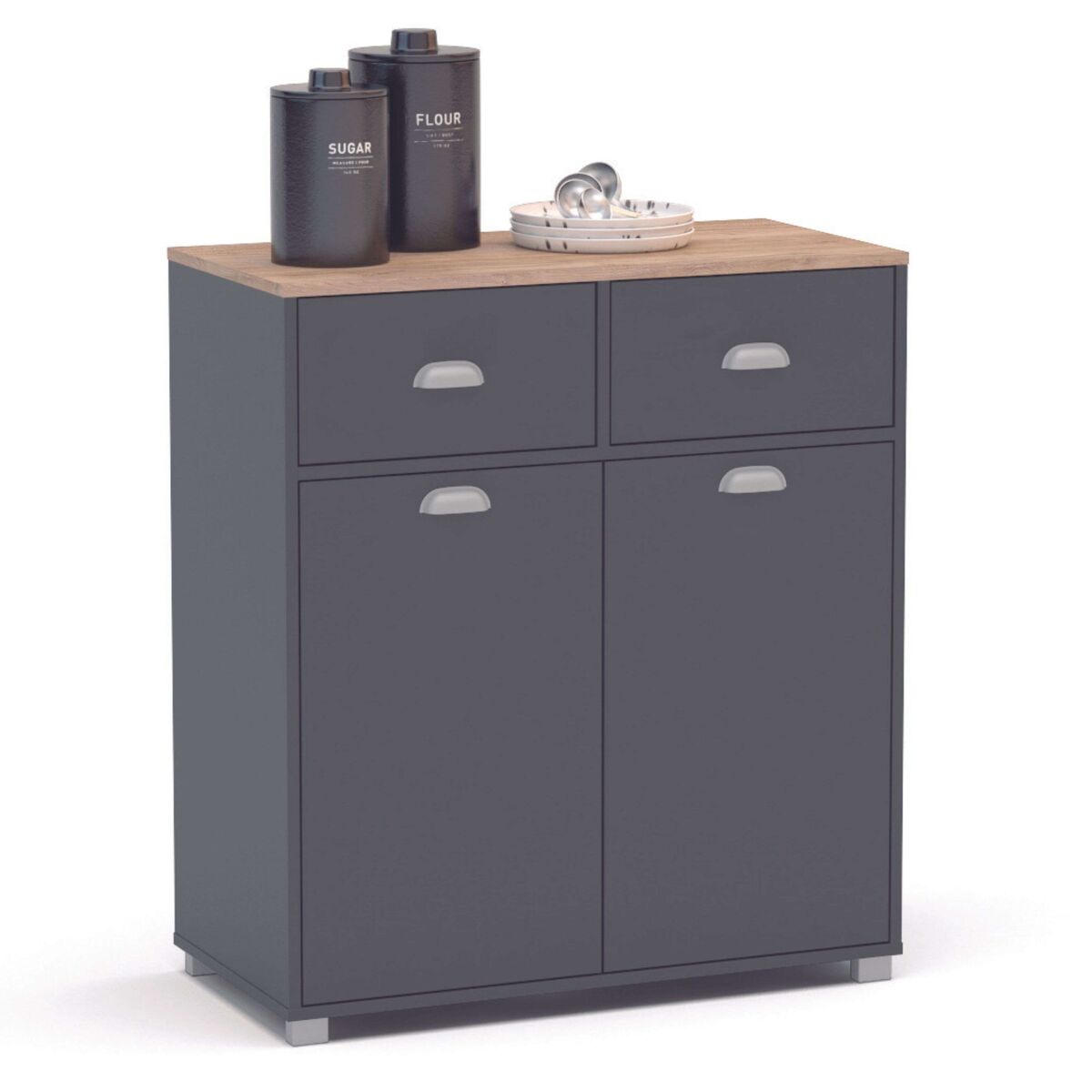 Buffet bajo cocina asfeld gris grafito 2 puertas 2 cajones almacenaje mueble auxiliar 90x80x40 cm