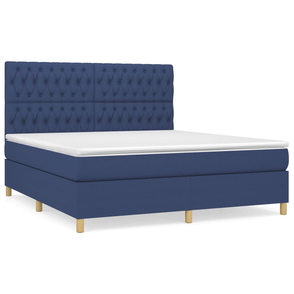 Cama box spring con colchón tela azul 180x200 cm diseño de botones